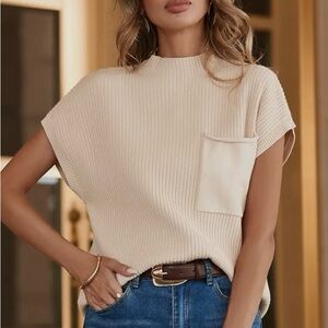 Cream Ribbed Knit Top with Pocket